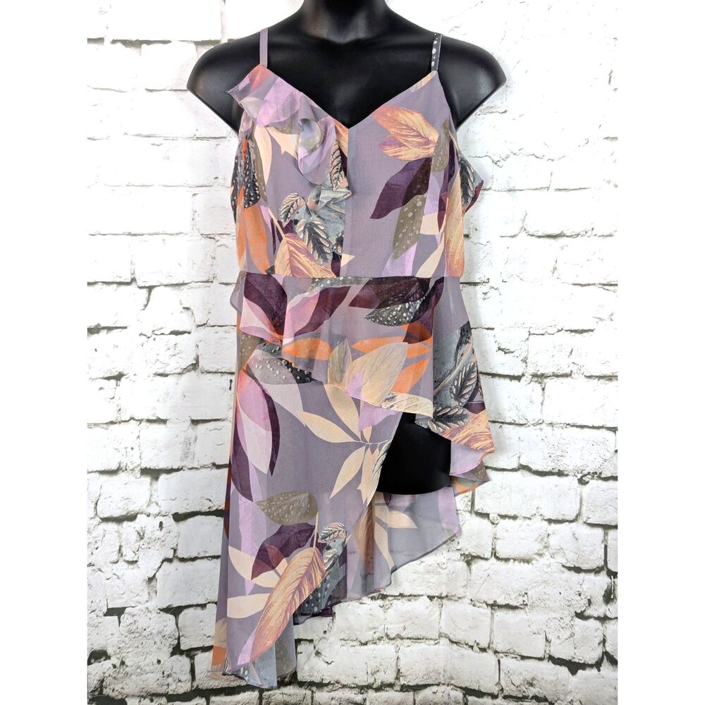 CITY CHIC Paradise Palm Asymmetrical Smocked Ruffle Tank Boho Tropical Size 16